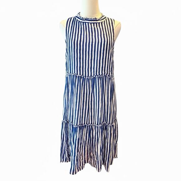 Oliphant Tuckernuck Tiered Dress Size Small Blue Stripe Sleeveless Silk Blend - Picture 2 of 10